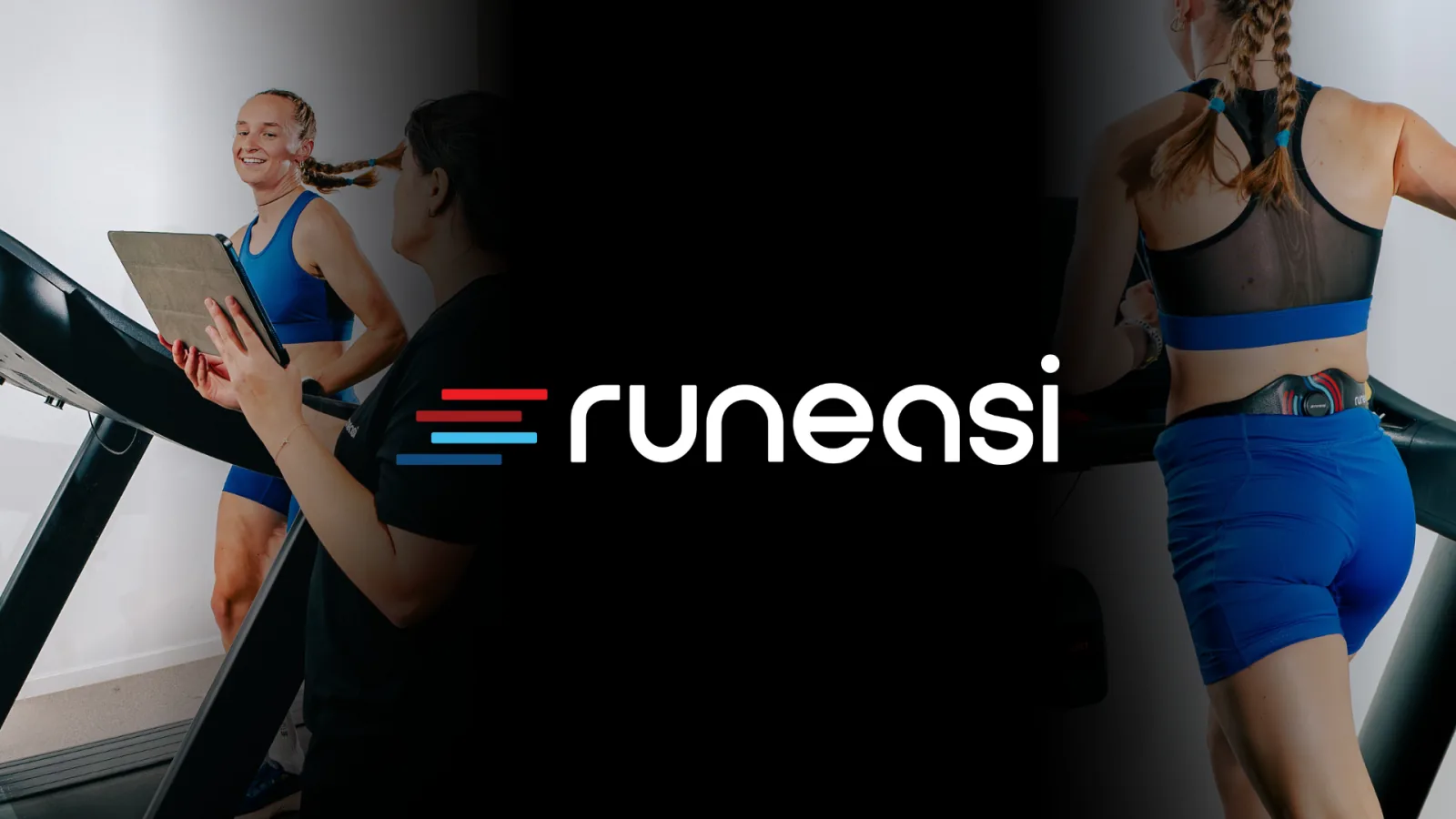 Runeasi logo between two photos of a runner on a treadmill wearing the belt while a tester follows the data on a tablet