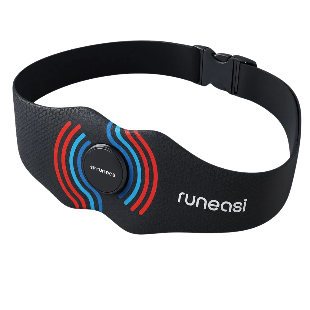 The Runeasi belt: a black strap with a buckle and a round sensor at the centre