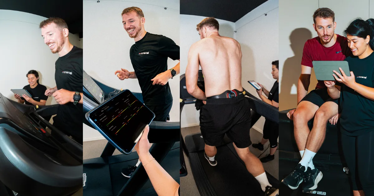 Four photos of a Runeasi session indoors: treadmill running, live data on a tablet, the belt on a runner's lower back, and a results talk