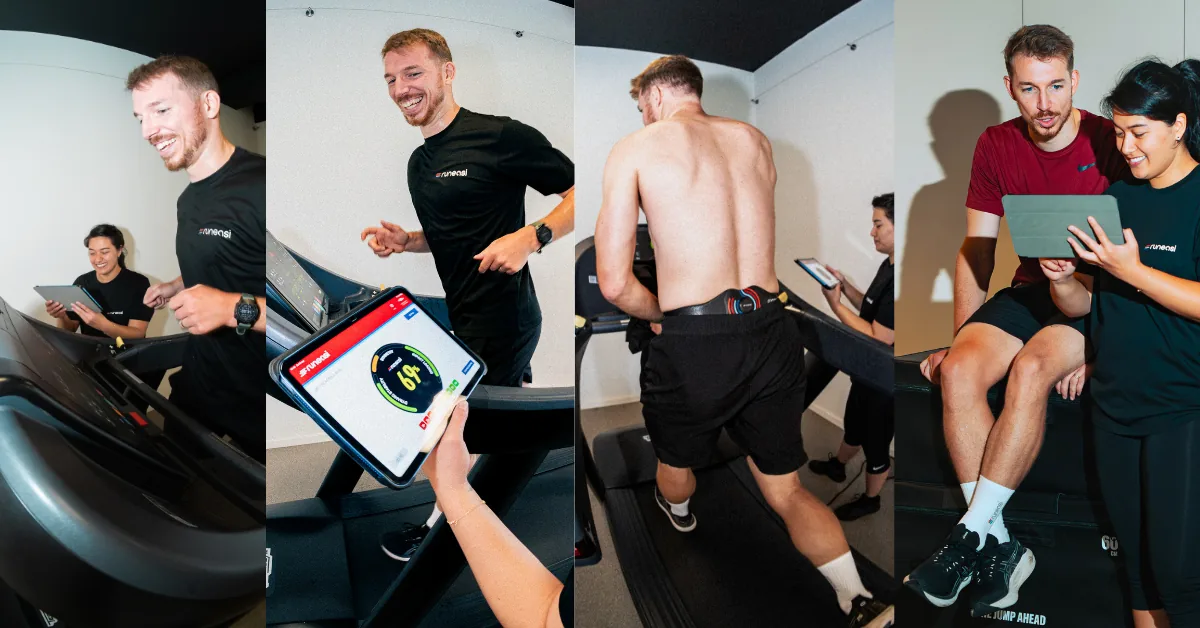 Four photos of a Runeasi session indoors, with the results shown on a tablet beside the treadmill