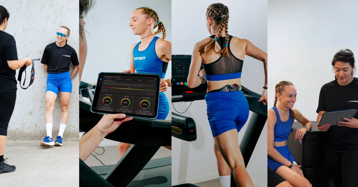 Four photos: a tester holds up the belt for a group, a runner on a treadmill, the same runner from behind, and a results talk on a tablet