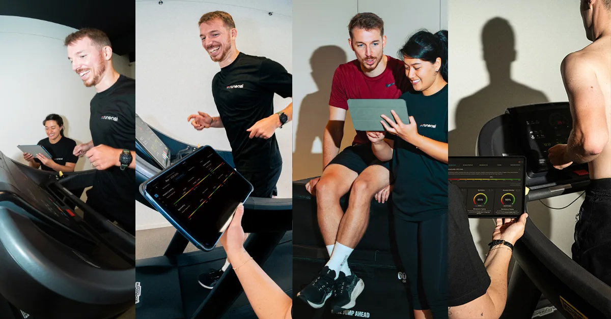 Four photos of a Runeasi treadmill session, from the first run to the talk about the results