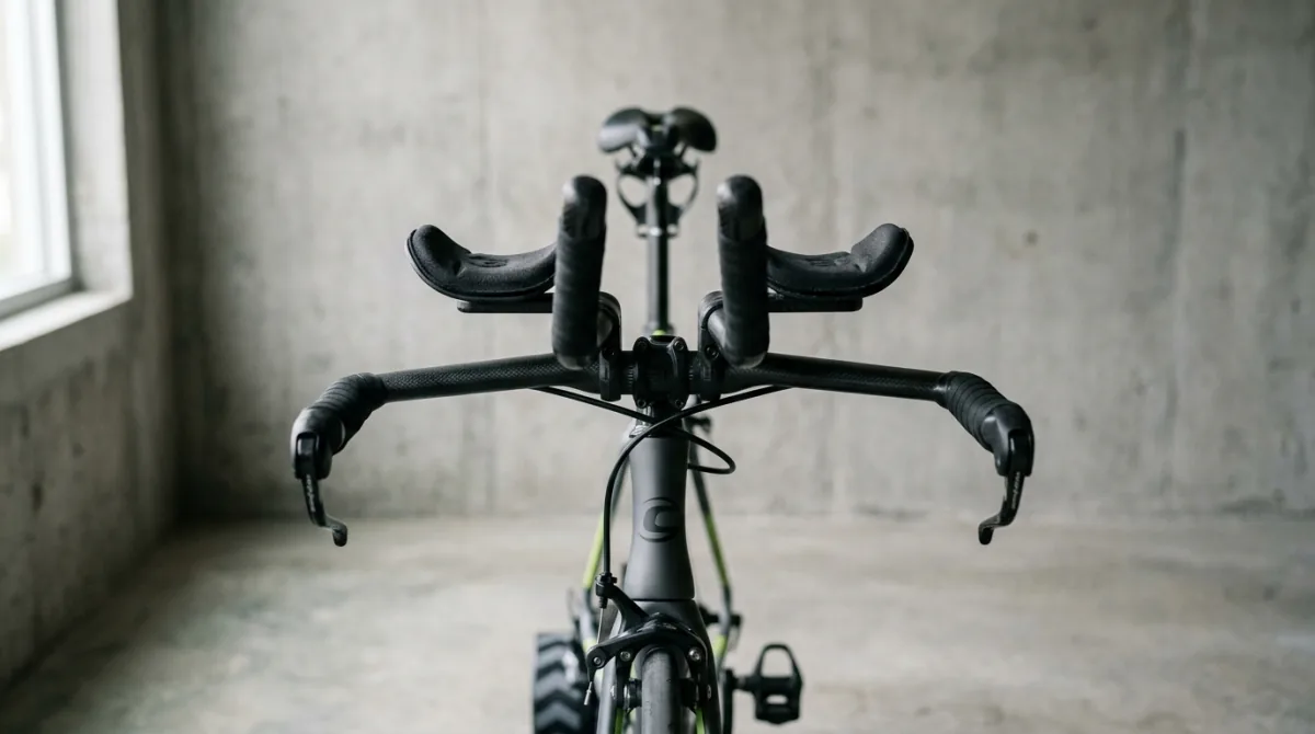Front view of a triathlon bike's aero extension bars and armrest pads