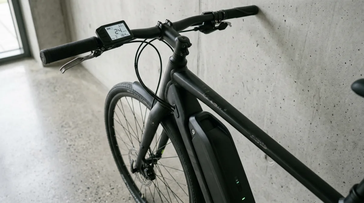 Close-up of an electric bike's downtube battery and handlebar display