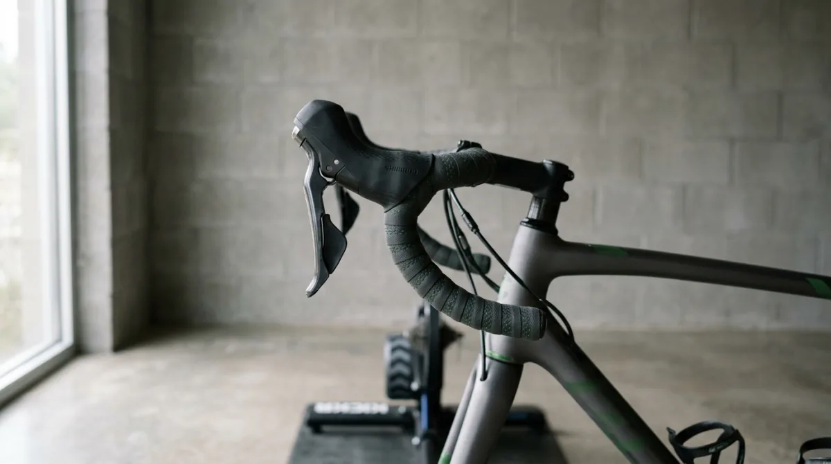Close-up of road bike brake hoods and bar tape where the palms rest