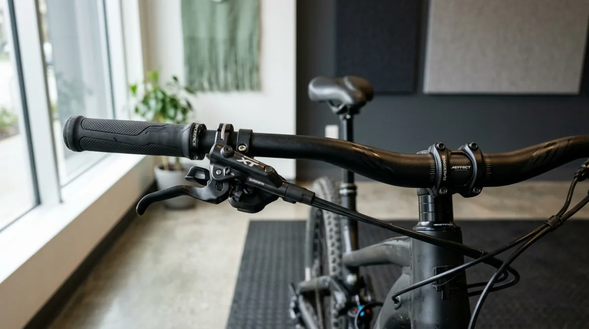 Close-up of a mountain bike flat handlebar with brake lever, dropper lever and grip