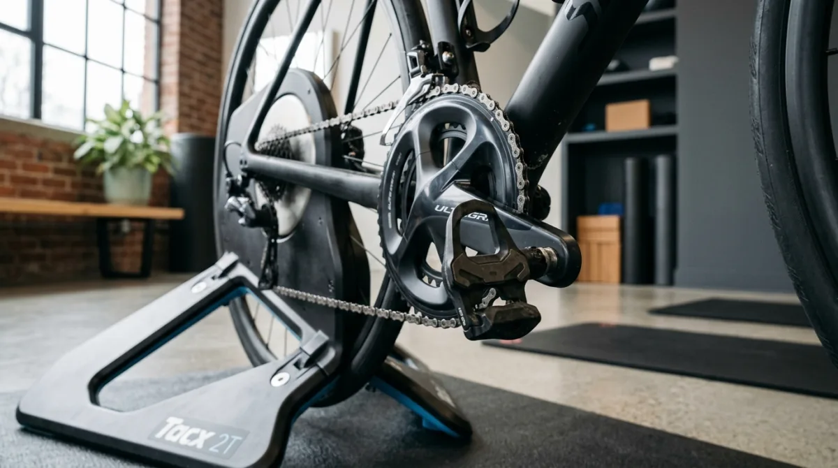 Close-up of a clipless road pedal and crank arm on a bike mounted on an indoor trainer