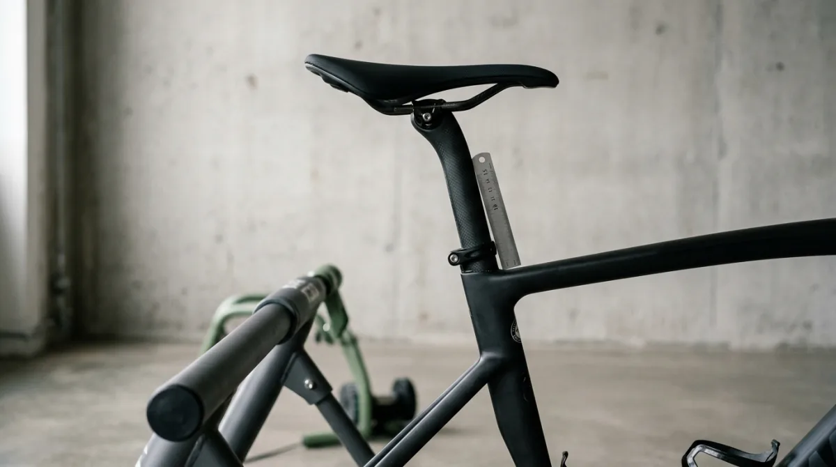 A ruler held against a bicycle seatpost below the saddle