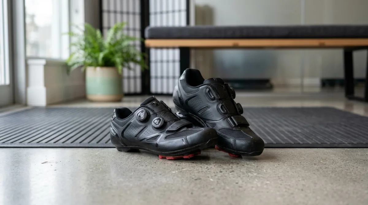 A pair of road cycling shoes with three-bolt cleats on the soles