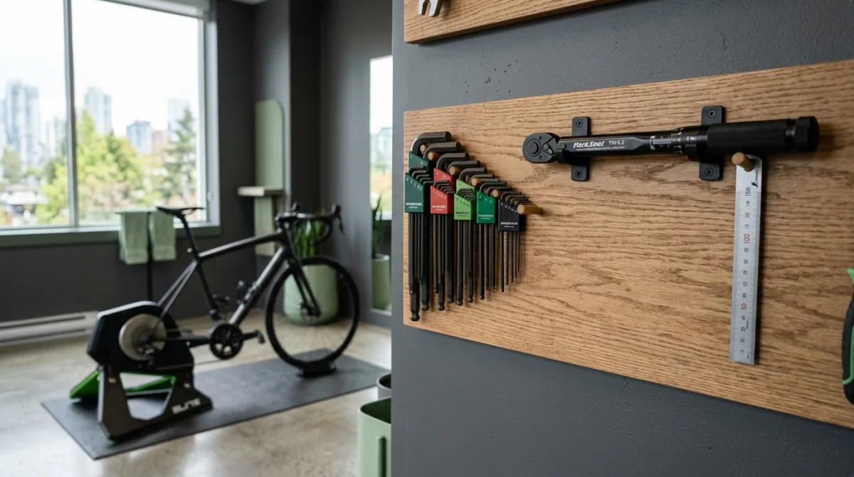 A wall-mounted tool board with hex keys, a torque wrench and a ruler in a bike fitting bay