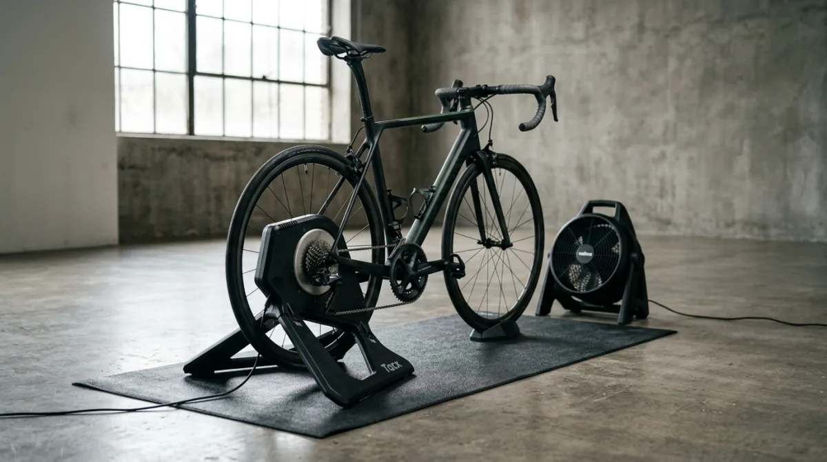 A road bike mounted on a direct-drive indoor trainer with a floor fan beside it
