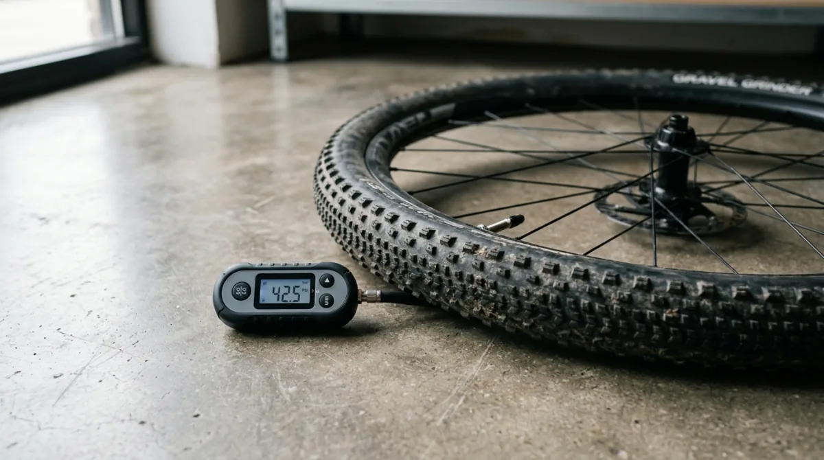 A digital tyre pressure gauge on the floor beside a wide knobby gravel tyre