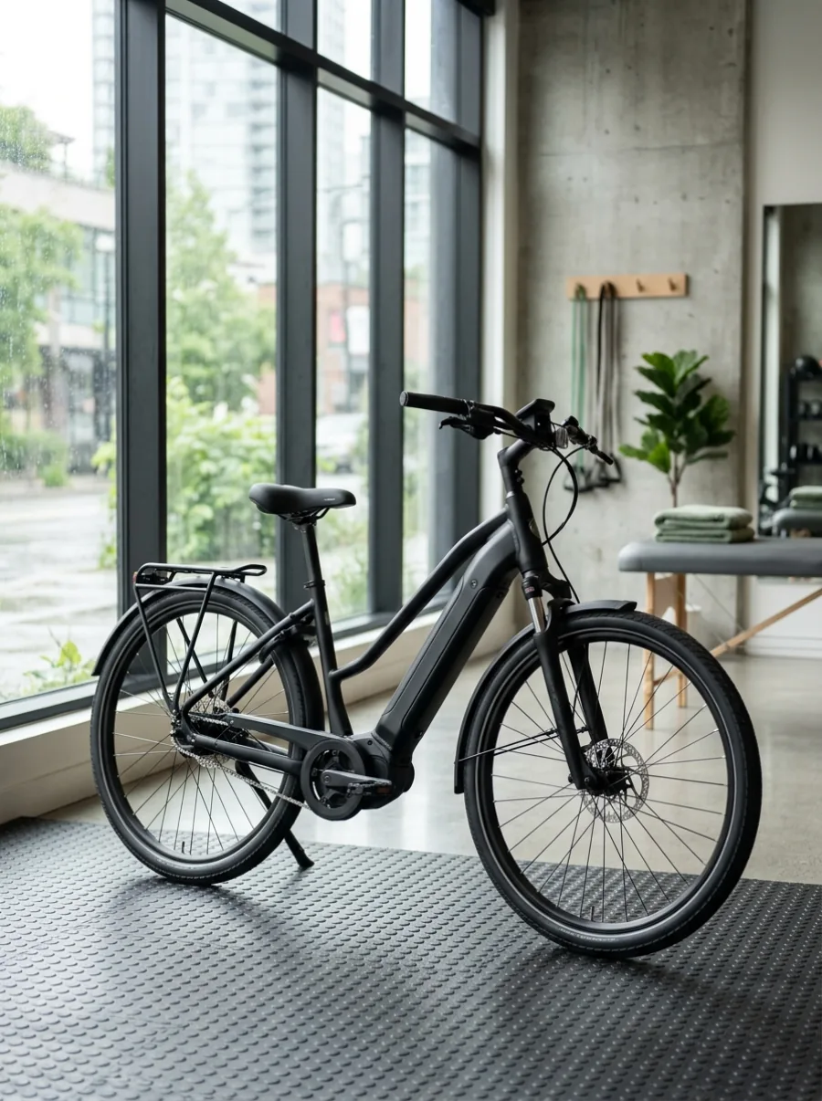 Modern step-through electric commuter bicycle with integrated downtube battery, upright handlebars and a rear pannier rack