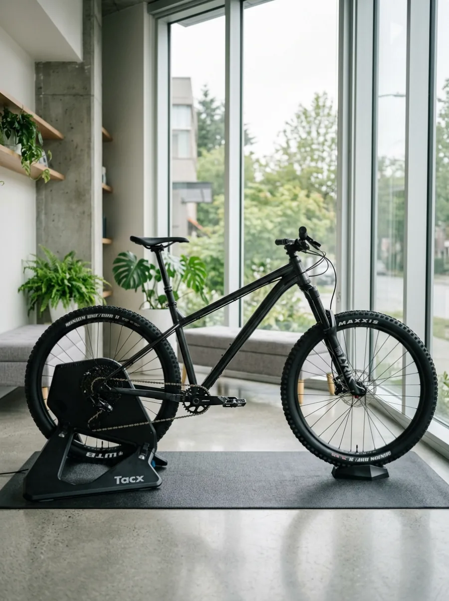 Black hardtail mountain bike with a suspension fork and wide knobby tyres mounted on an indoor trainer in a physiotherapy studio