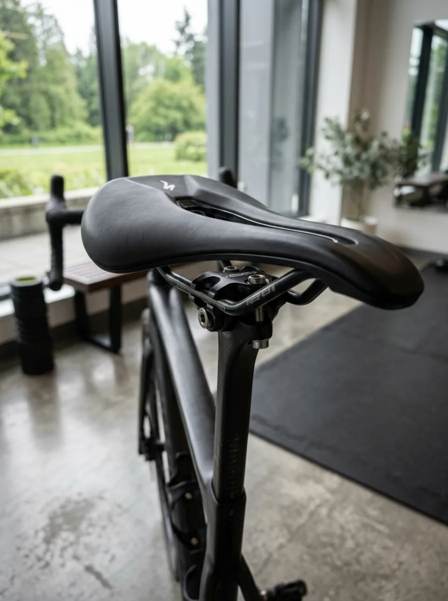 Close-up of a black performance bicycle saddle on its rails and seatpost clamp, photographed from a low rear angle