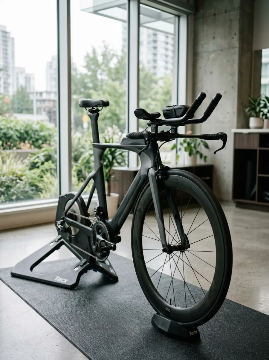 Black time trial triathlon bike with deep-section wheels and aero extension bars mounted on an indoor trainer
