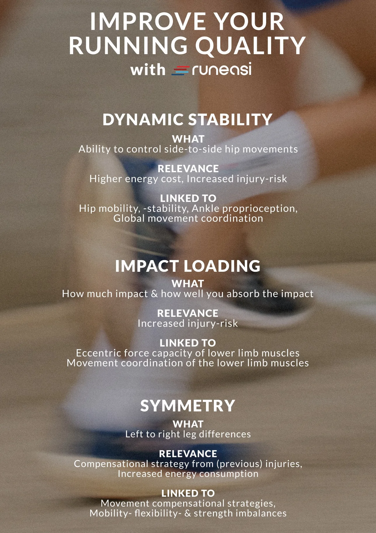 Runeasi poster titled Improve your running quality, explaining dynamic stability, impact loading and symmetry