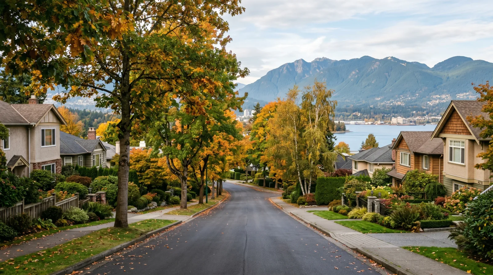 A leafy autumn hillside street of older homes in North Burnaby, with a glimpse of a calm ocean inlet and the north-shore mountains beyond — evoking Capitol Hill.