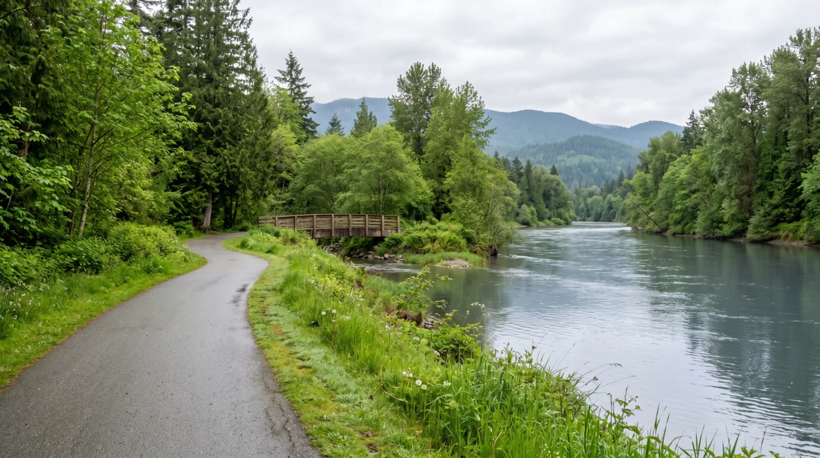 A paved riverside recreation trail winding past a wooden footbridge beside a calm river, evoking the Traboulay PoCo Trail in Port Coquitlam.