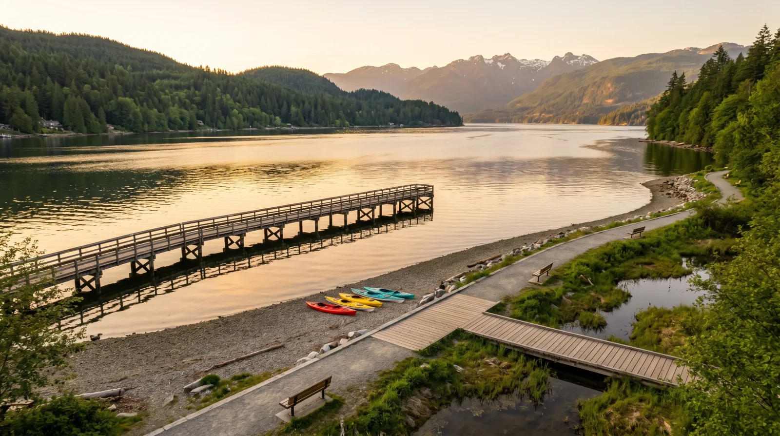 A calm inlet at golden hour with a wooden pier, kayaks on the shore, and forested hills around the water — evoking Rocky Point Park and the Shoreline Trail in Port Moody.