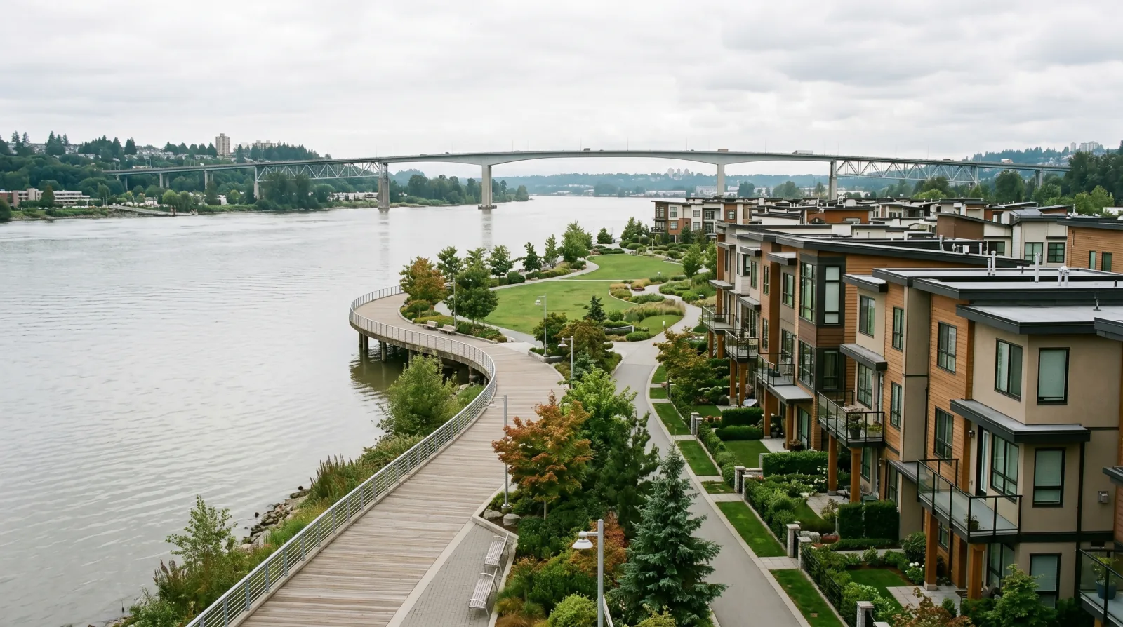 A riverfront community of modern townhomes along a waterfront boardwalk on a flat island, with a road bridge crossing the Fraser River beyond — evoking Port Royal in Queensborough.