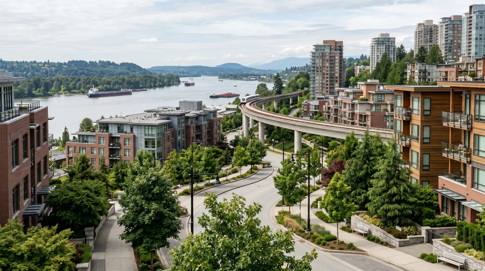 A hillside transit-oriented neighbourhood of modern towers and mid-rises above a wide river, with a SkyTrain guideway curving through — evoking Sapperton in New Westminster.
