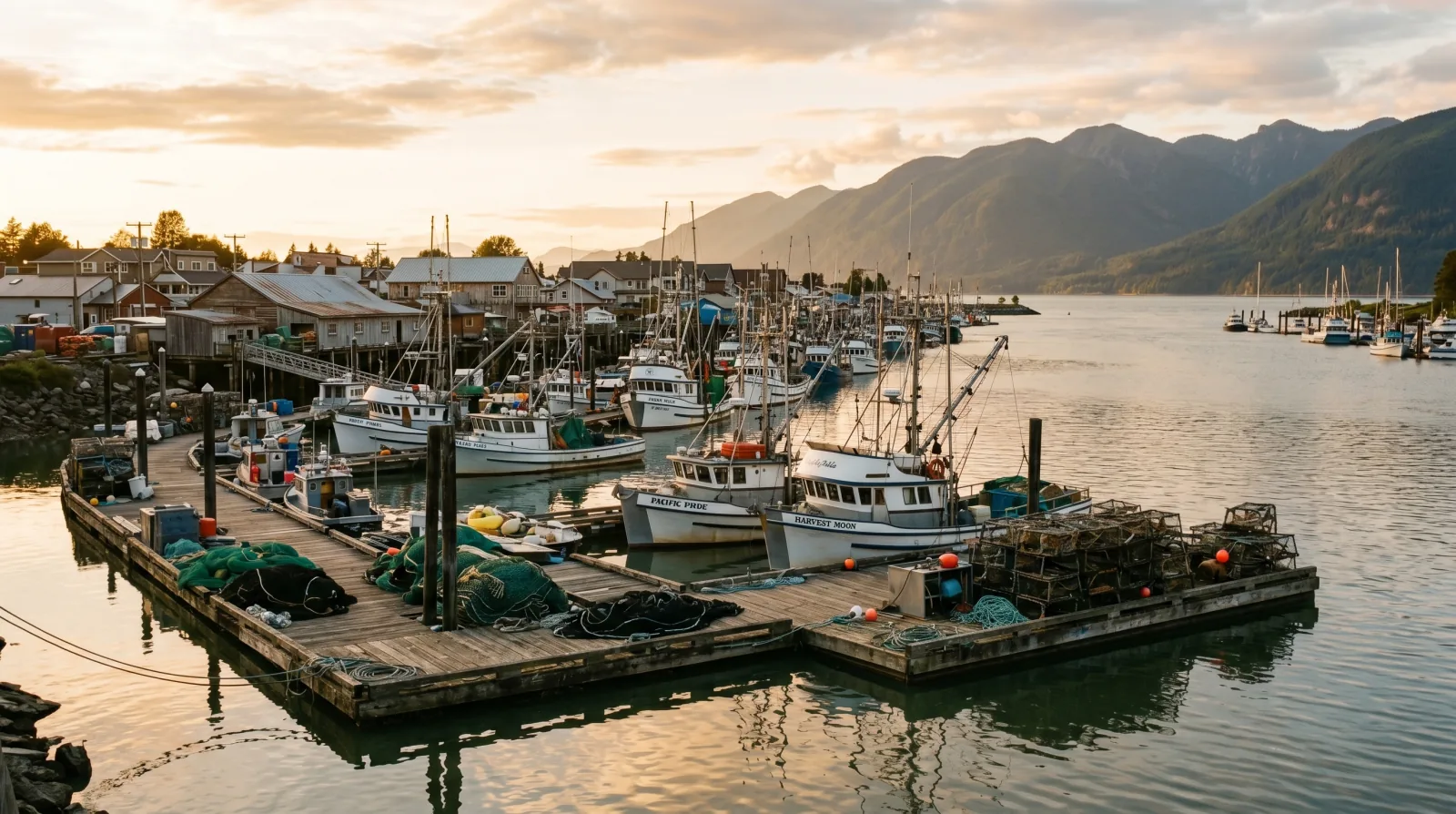 Steveston's working commercial fishing harbour at golden hour, fishing boats moored along the docks with the coastal mountains behind.