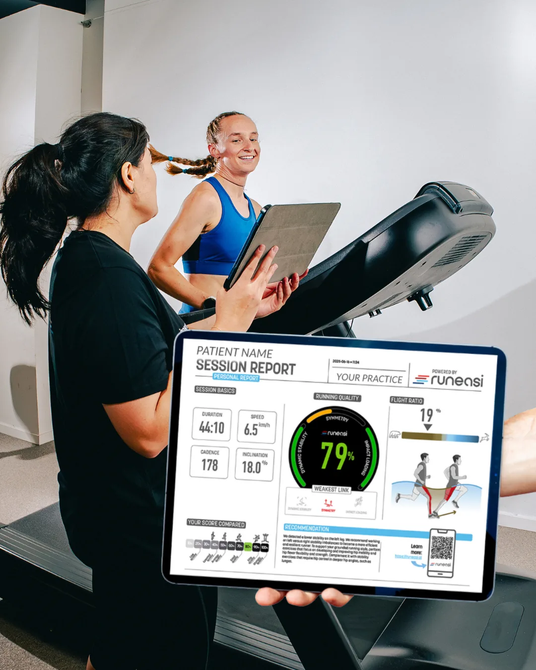 A tester holds up a tablet with a Runeasi session report showing a score of 79% beside a runner on a treadmill