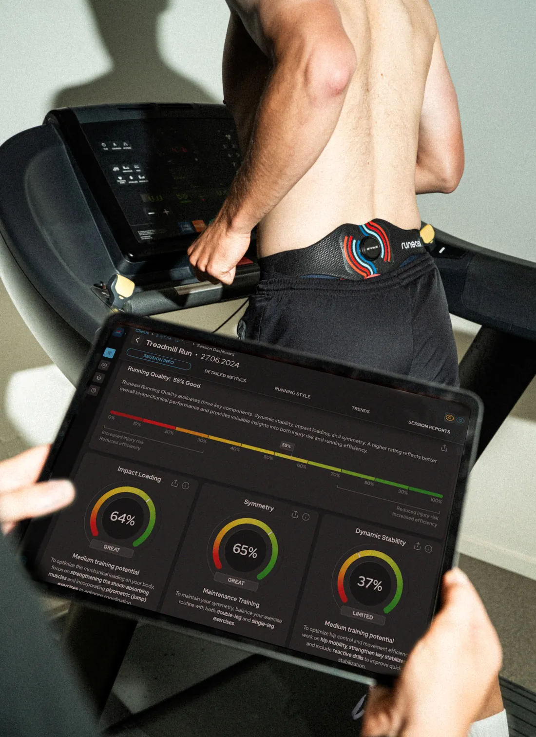 A tablet with Runeasi scores of 64% for impact loading, 65% for symmetry and 37% for dynamic stability, held beside a runner on a treadmill