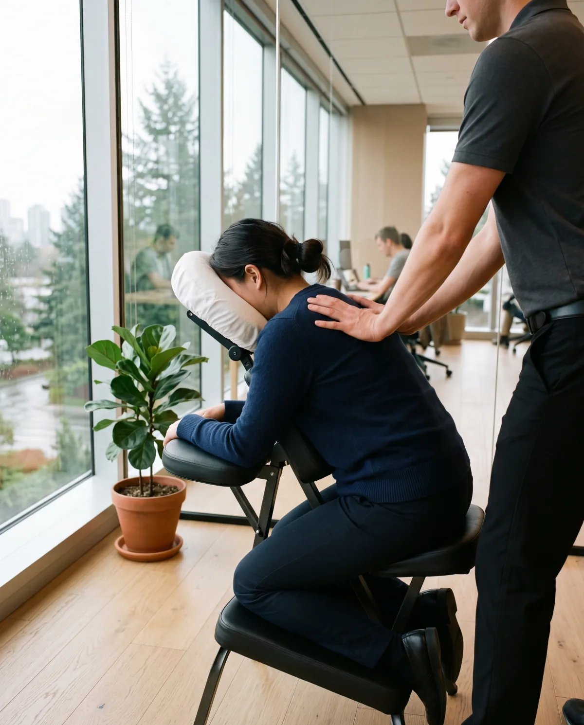 Registered massage therapist working on a seated employee at a portable massage chair by the windows of a modern Metro Vancouver workplace